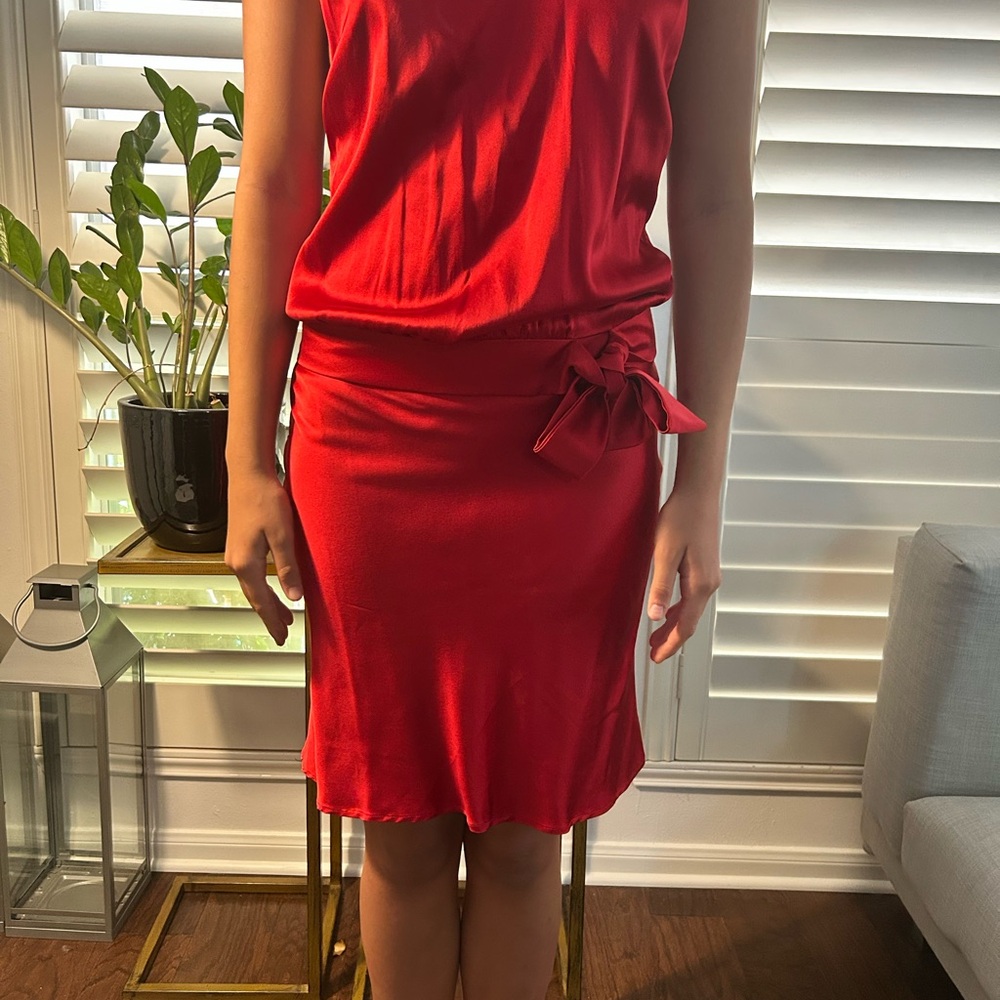 Red Ruched Halter Sheath Midi Dress